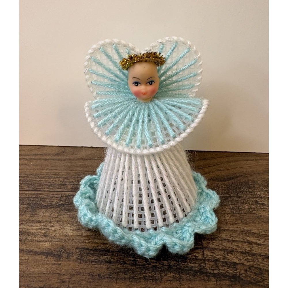 Vtg Handmade Needle Point Plastic Canvas Doll Caroler Angel Figure Teal Aqua